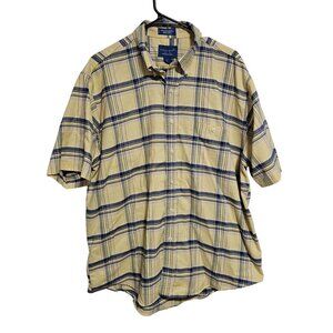 Towncraft Wrinkle Free Button Front Shirt Mens Large Yellow Plaid Short Sleeve